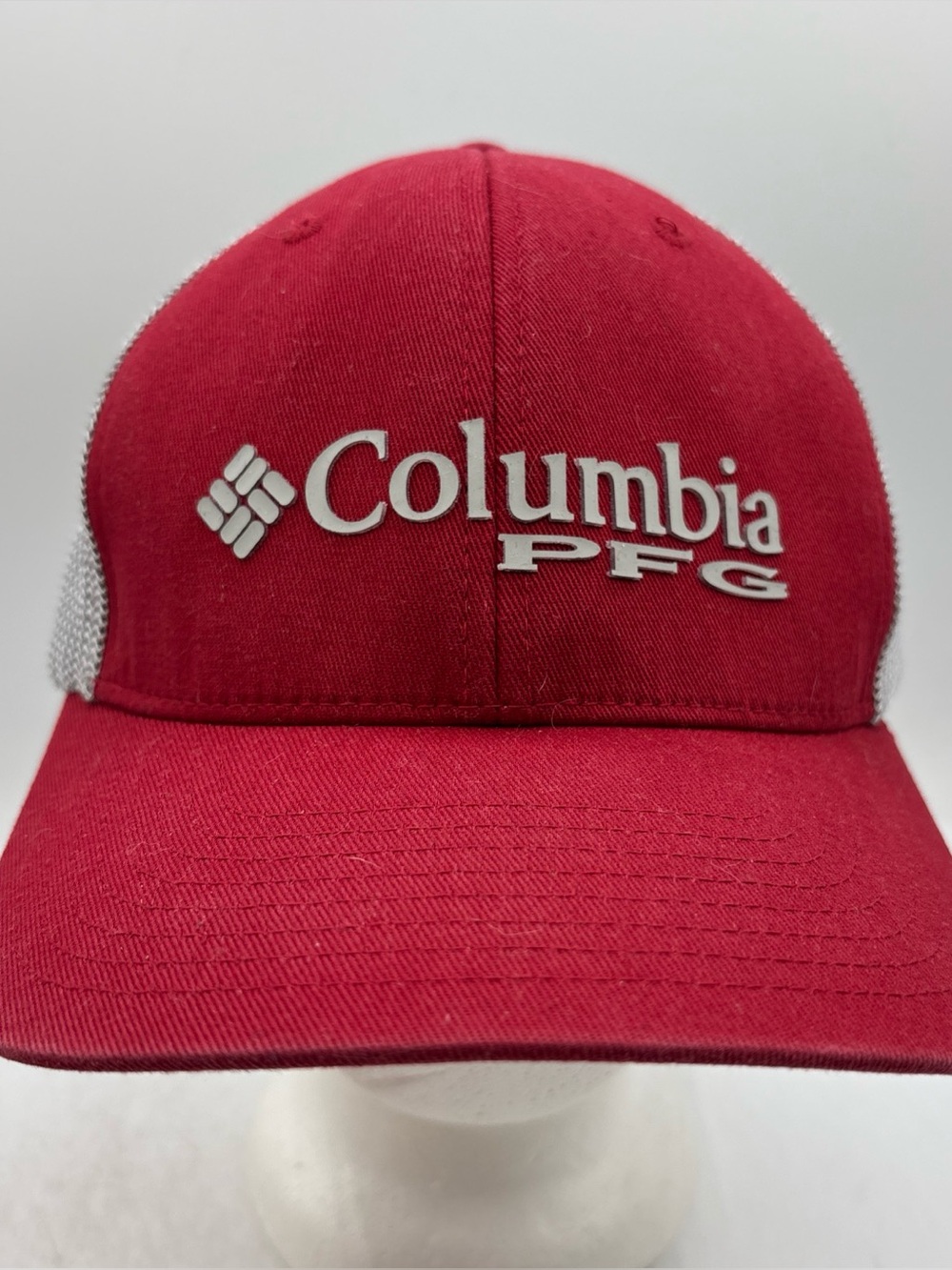 Columbia PFG Trucker Hat Large/X-Large Red City Grey Mesh Flexfit Fishing Cap